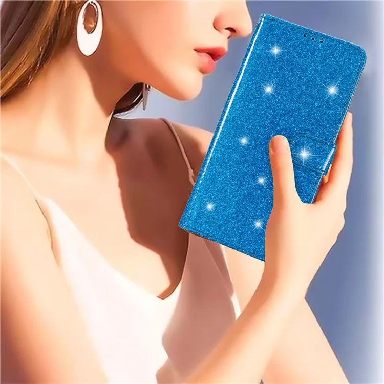 For Samsung Galaxy A24 4G (162.1 x 77.6 x 8.3mm) Glittery Wallet Stand PU Leather Case Drop-proof Phone Cover - Blue