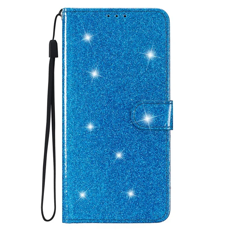 For Samsung Galaxy A24 4G (162.1 x 77.6 x 8.3mm) Glittery Wallet Stand PU Leather Case Drop-proof Phone Cover - Blue