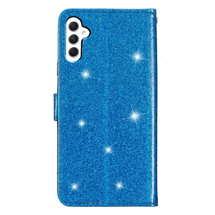 For Samsung Galaxy A24 4G (162.1 x 77.6 x 8.3mm) Glittery Wallet Stand PU Leather Case Drop-proof Phone Cover - Blue