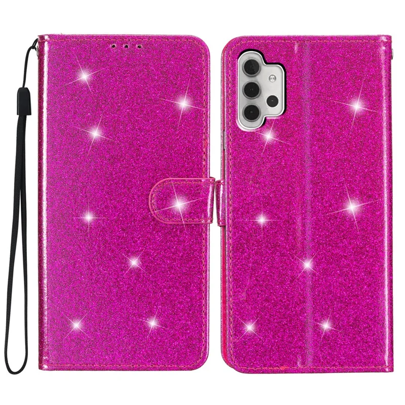 For Samsung Galaxy A32 5G / M32 5G PU Leather Wallet Stand Case Glittery Anti-drop Phone Cover - Rose