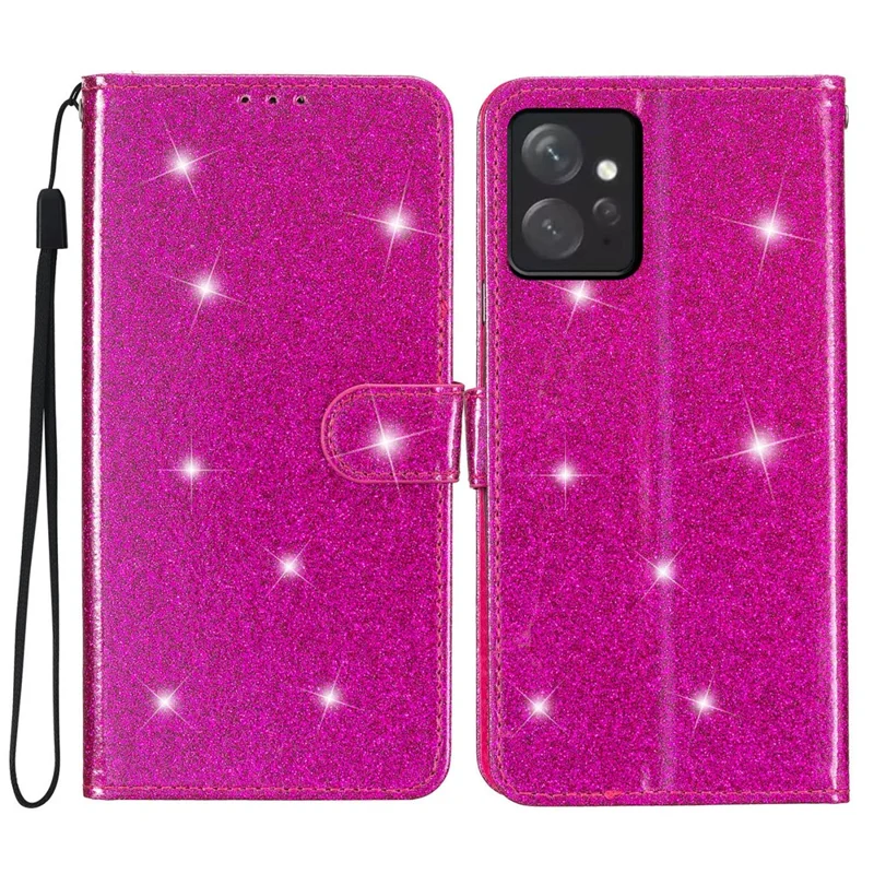 Voor Xiaomi Redmi Note 12 4G Lederen Wallet Stand Case Stootvaste Glitterende Telefoonhoes met Bandje - Roze
