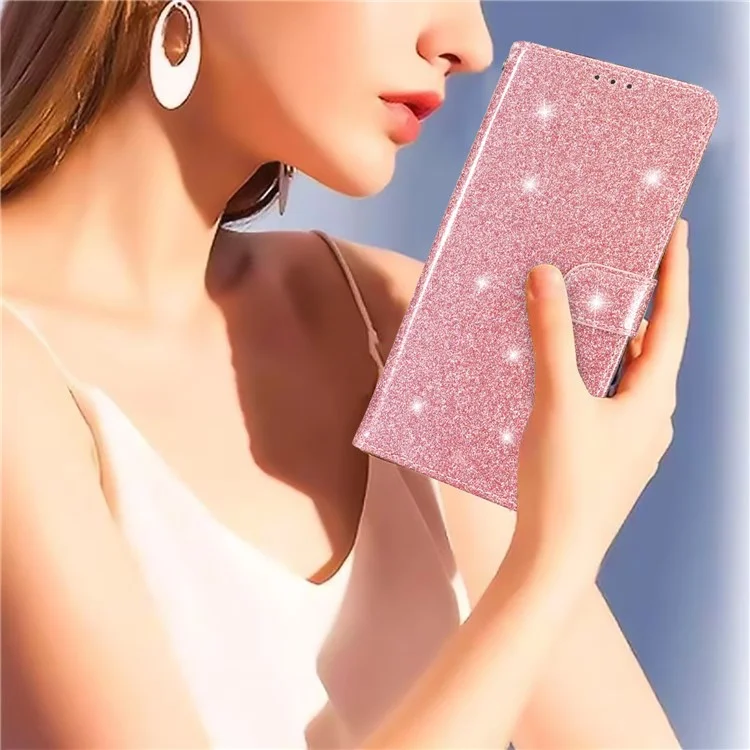 Pour Motorola Moto G62 5G Glittery PU Cuir Portefeuille Stand Case Drop-proof Housse de téléphone - Rose Gold