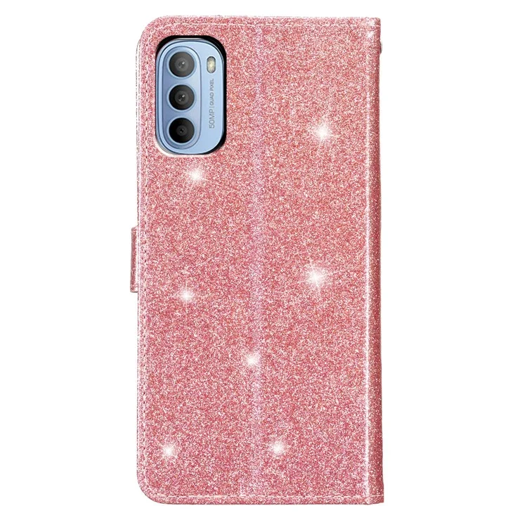 Pour Motorola Moto G62 5G Glittery PU Cuir Portefeuille Stand Case Drop-proof Housse de téléphone - Rose Gold