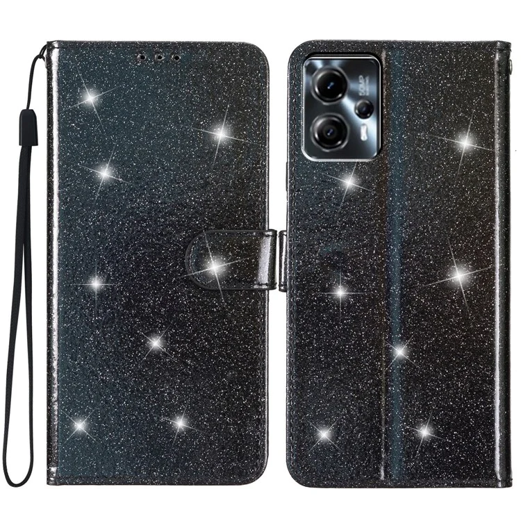 Für Motorola Moto G13 4G / G23 4G Glittery Flip Wallet Stand Ledertasche Anti-Drop Phone Cover - Schwarz