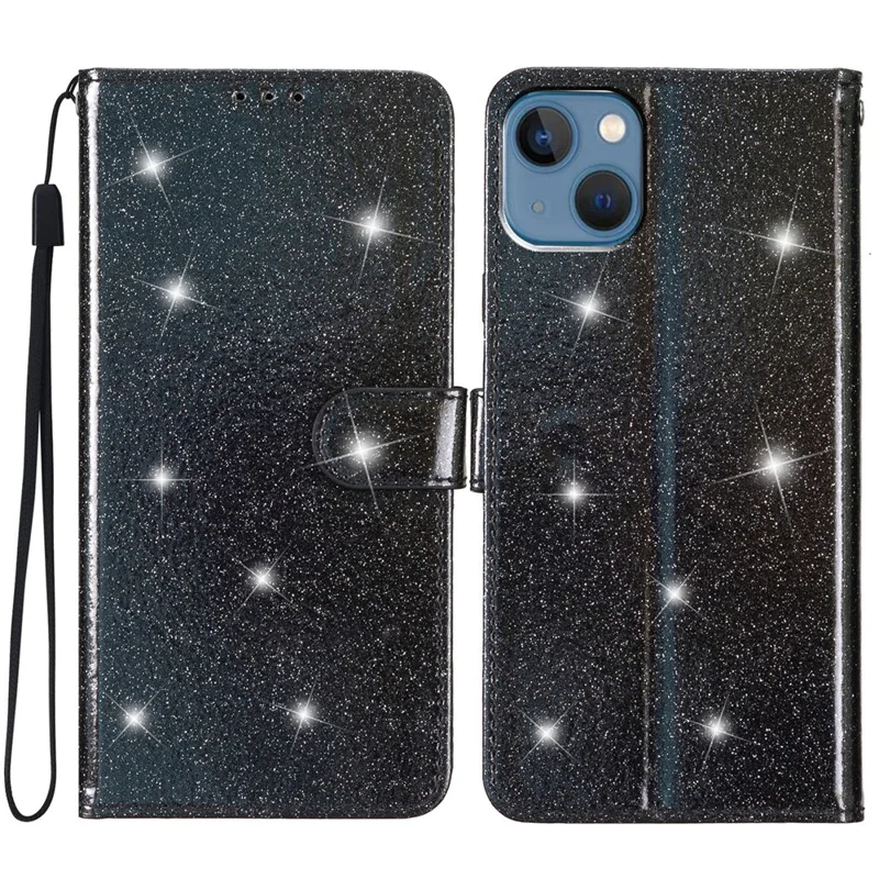Para iPhone 14 Plus Glittery PU Leather Case Folio Flip Wallet Stand Smartphone Cover - Preto