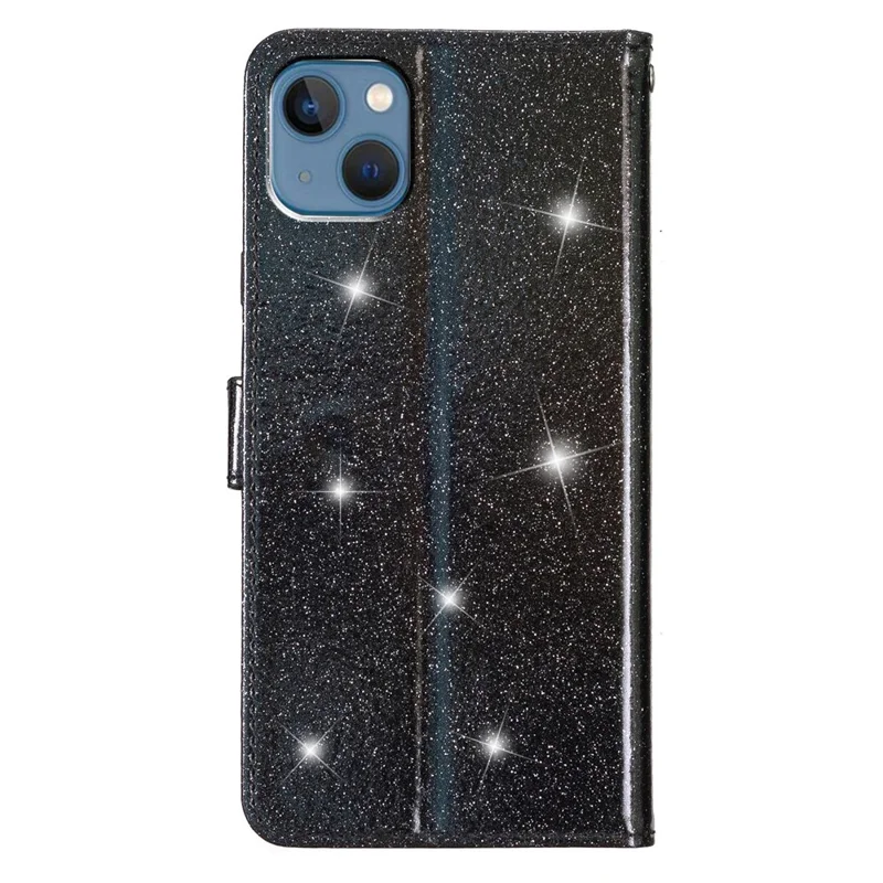 Para iPhone 14 Plus Glittery PU Leather Case Folio Flip Wallet Stand Smartphone Cover - Preto