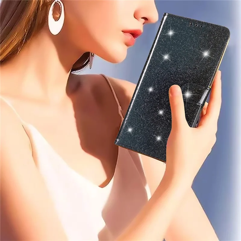 Para iPhone 14 Plus Glittery PU Leather Case Folio Flip Wallet Stand Smartphone Cover - Preto