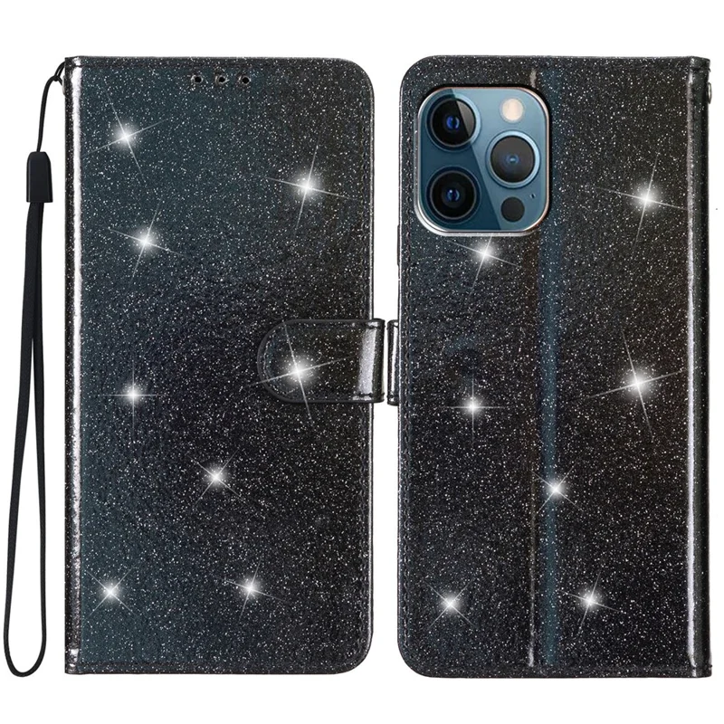 For iPhone 14 Pro Anti-fall Glittery PU Leather Case Foldable Stand Wallet Phone Cover - Black