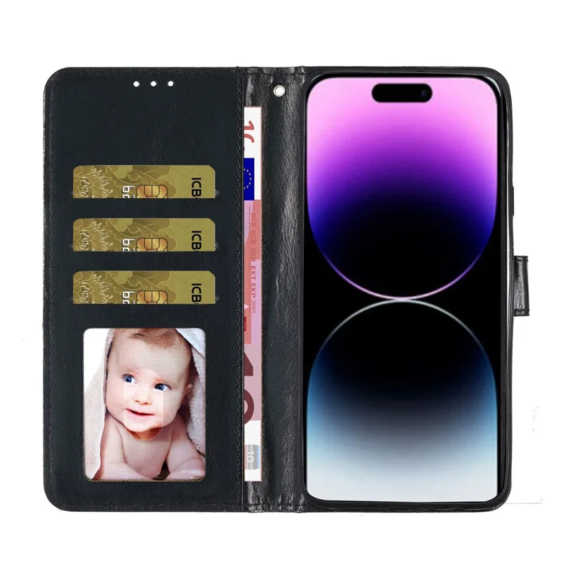 For iPhone 14 Pro Anti-fall Glittery PU Leather Case Foldable Stand Wallet Phone Cover - Black