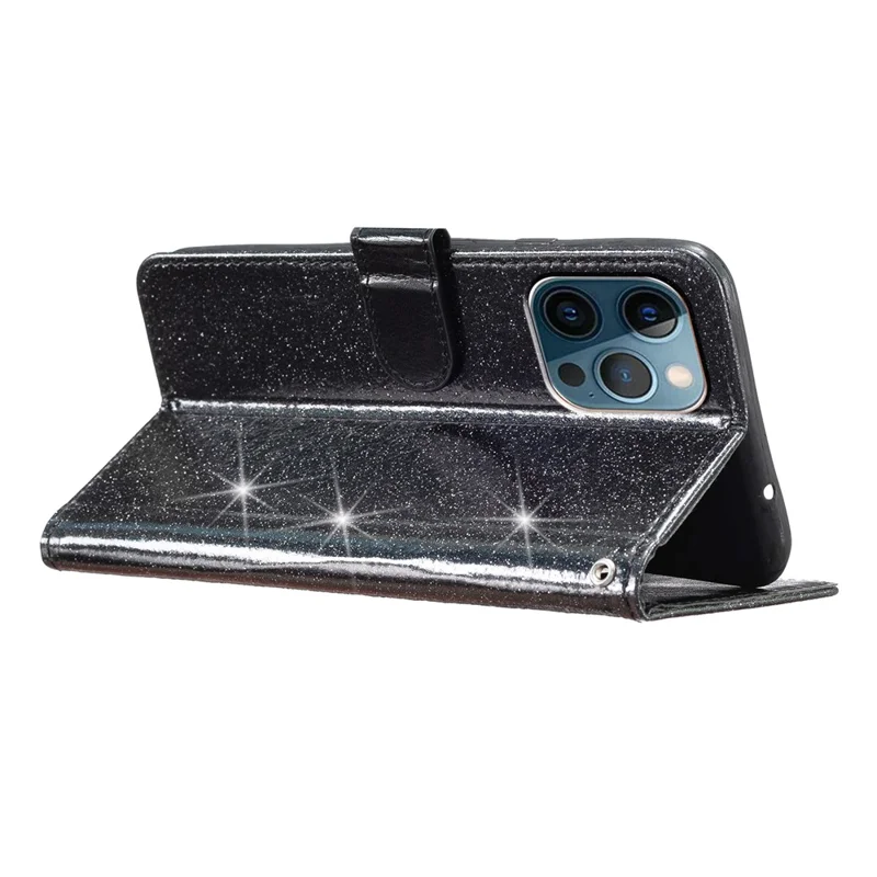 For iPhone 14 Pro Anti-fall Glittery PU Leather Case Foldable Stand Wallet Phone Cover - Black