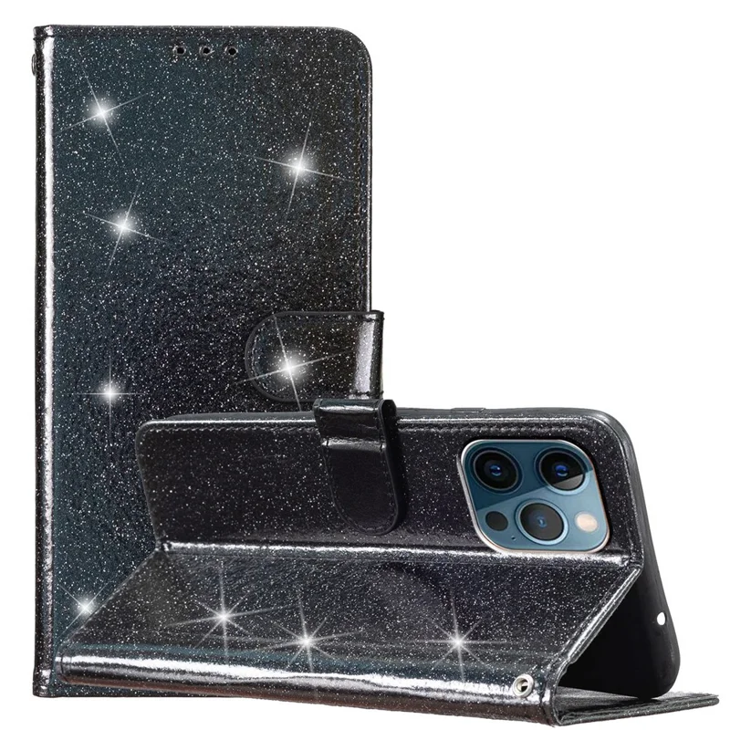 For iPhone 14 Pro Anti-fall Glittery PU Leather Case Foldable Stand Wallet Phone Cover - Black
