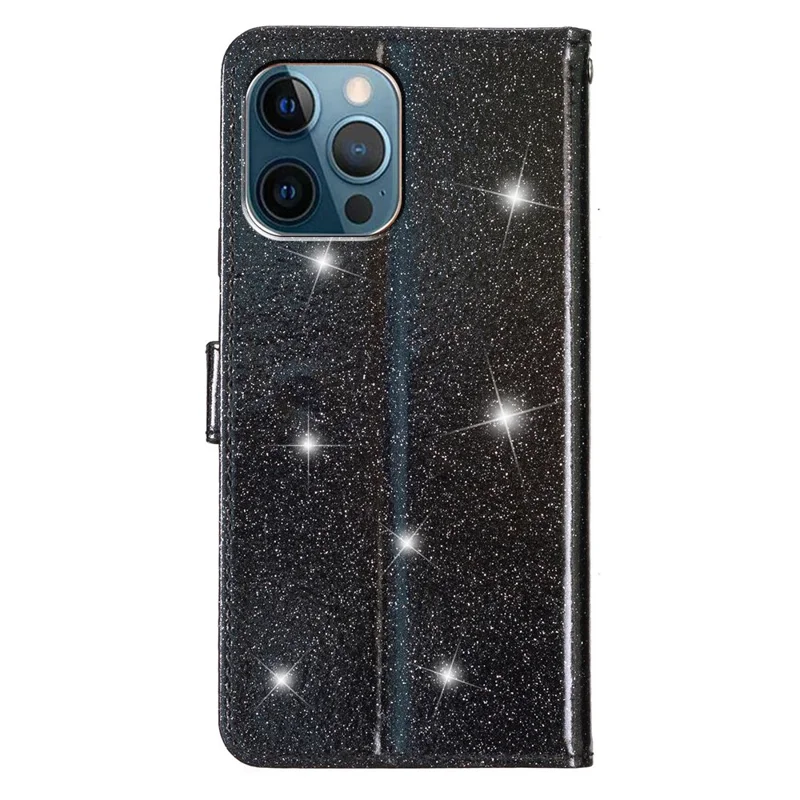 For iPhone 14 Pro Anti-fall Glittery PU Leather Case Foldable Stand Wallet Phone Cover - Black