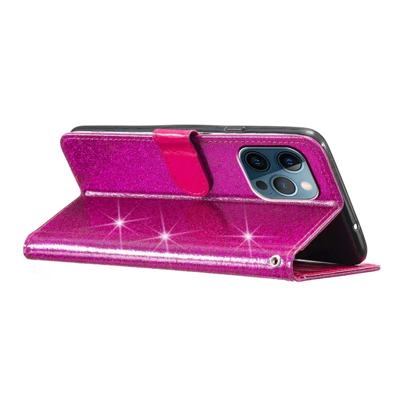 For iPhone 14 Pro Anti-fall Glittery PU Leather Case Foldable Stand Wallet Phone Cover - Rose