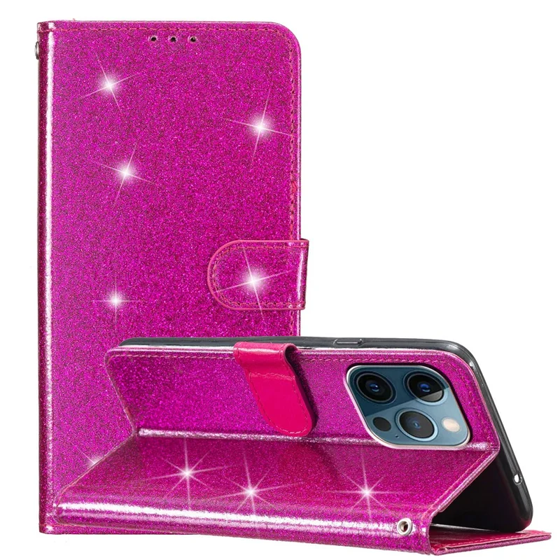 For iPhone 14 Pro Anti-fall Glittery PU Leather Case Foldable Stand Wallet Phone Cover - Rose