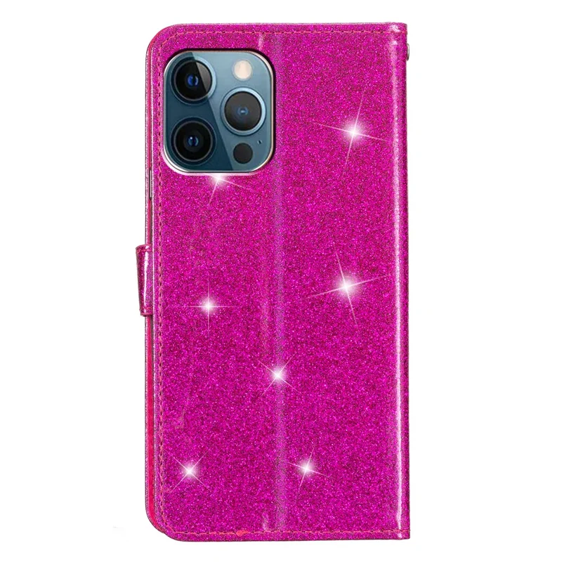 For iPhone 14 Pro Anti-fall Glittery PU Leather Case Foldable Stand Wallet Phone Cover - Rose