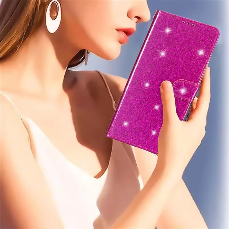 For iPhone 14 Pro Anti-fall Glittery PU Leather Case Foldable Stand Wallet Phone Cover - Rose