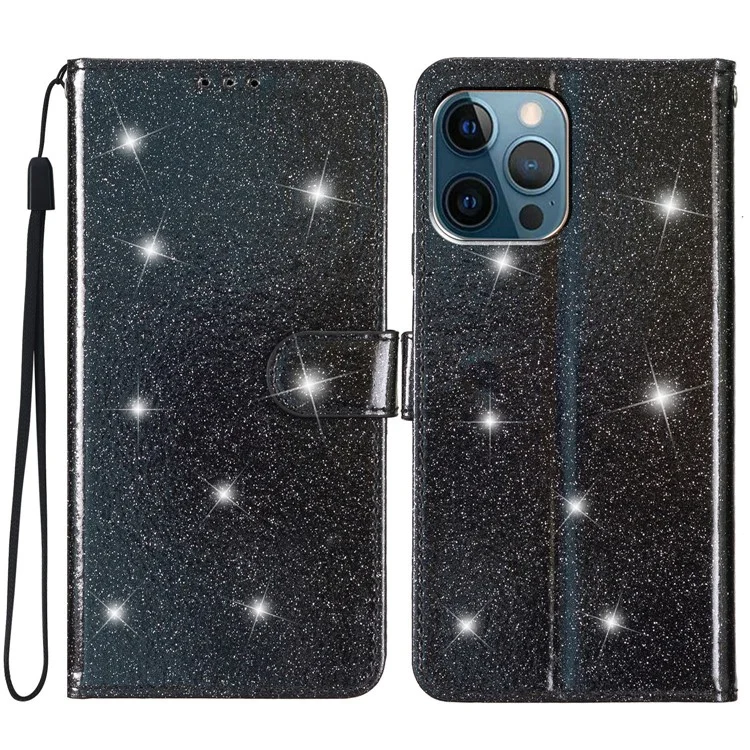 Pour iPhone 14 Pro Max Glittery PU Leather Flip Phone Case Wallet Stand Drop-proof Cover - Black