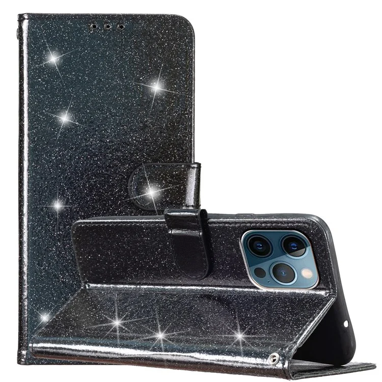 Pour iPhone 14 Pro Max Glittery PU Leather Flip Phone Case Wallet Stand Drop-proof Cover - Black