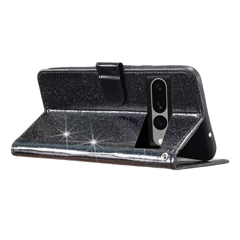 Glittery PU Leather Case for Google Pixel 7 Pro 5G Flip Wallet Stand Phone Cover with Strap - Black
