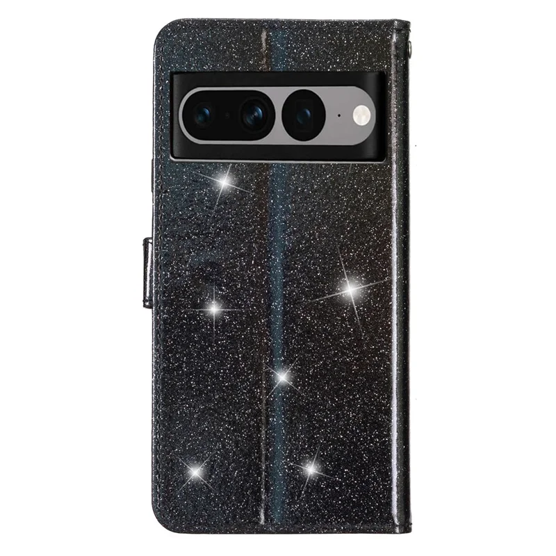 Glittery PU Leather Case for Google Pixel 7 Pro 5G Flip Wallet Stand Phone Cover with Strap - Black