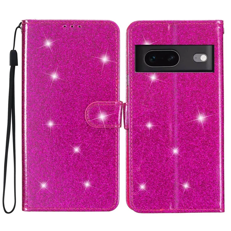 Para Google Pixel 7 5G Stylish Glittery PU Leather Phone Case Anti-shock Wallet Stand Cover - Rose