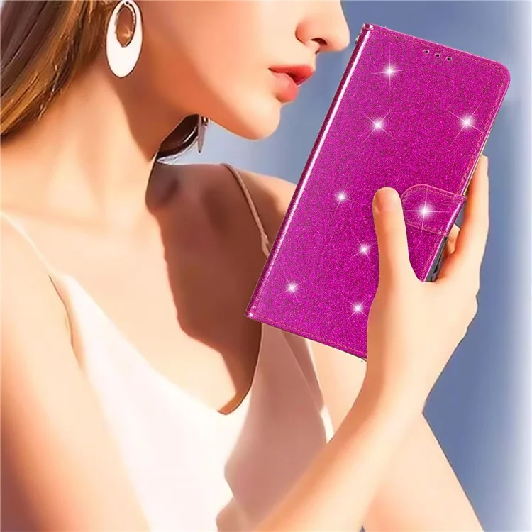 Para Google Pixel 7 5G Stylish Glittery PU Leather Phone Case Anti-shock Wallet Stand Cover - Rose