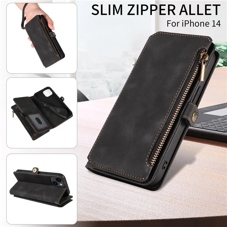 Zipper Taschenbörse Handy-Cover für iPhone 15 Plus, RFID-blockierendes PU-Leder-Etui mit Ständer - Schwarz