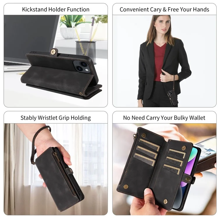 Zipper Taschenbörse Handy-Cover für iPhone 15 Plus, RFID-blockierendes PU-Leder-Etui mit Ständer - Schwarz