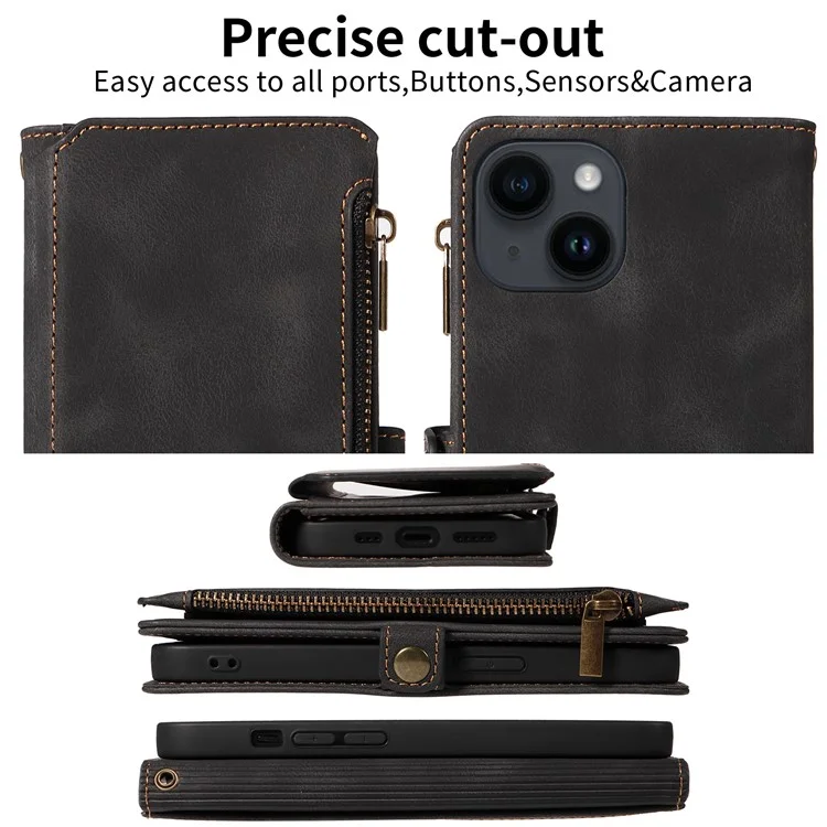 Zipper Taschenbörse Handy-Cover für iPhone 15 Plus, RFID-blockierendes PU-Leder-Etui mit Ständer - Schwarz