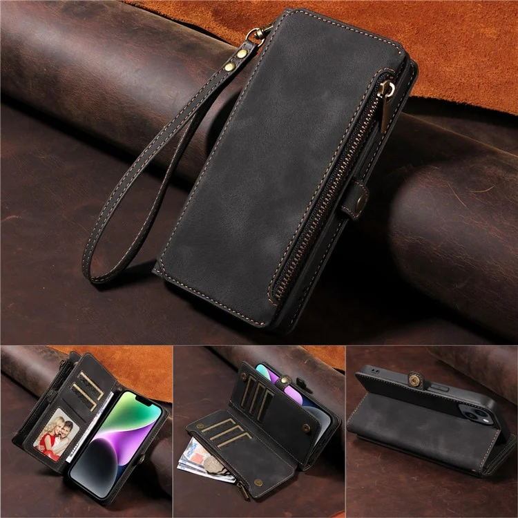 RFID Blocking Wallet Case for iPhone 15 Pro Max , Zipper Pocket Leather Stand Phone Cover - Black