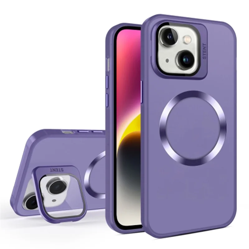 For iPhone 15 Matte PC+TPU Phone Case Compatible with MagSafe Lens Film Kickstand Shockproof Cover - Dark Purple
