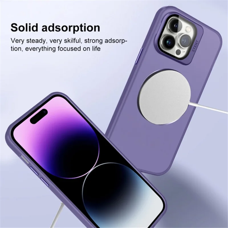 For iPhone 15 Matte PC+TPU Phone Case Compatible with MagSafe Lens Film Kickstand Shockproof Cover - Dark Purple