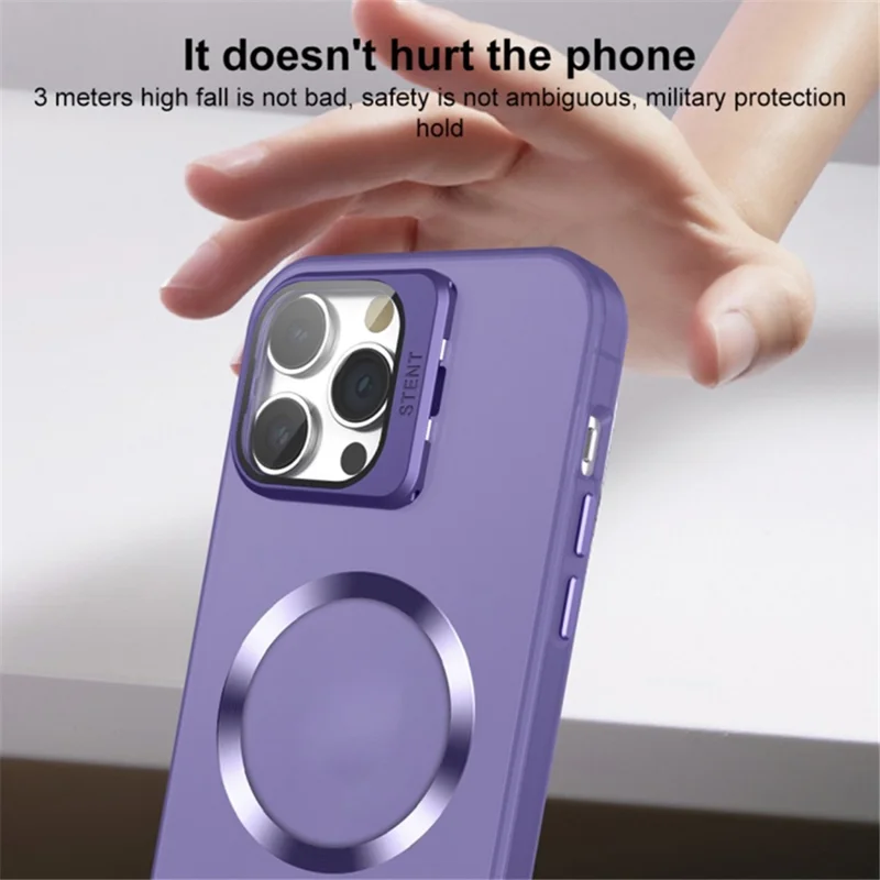 For iPhone 15 Matte PC+TPU Phone Case Compatible with MagSafe Lens Film Kickstand Shockproof Cover - Dark Purple