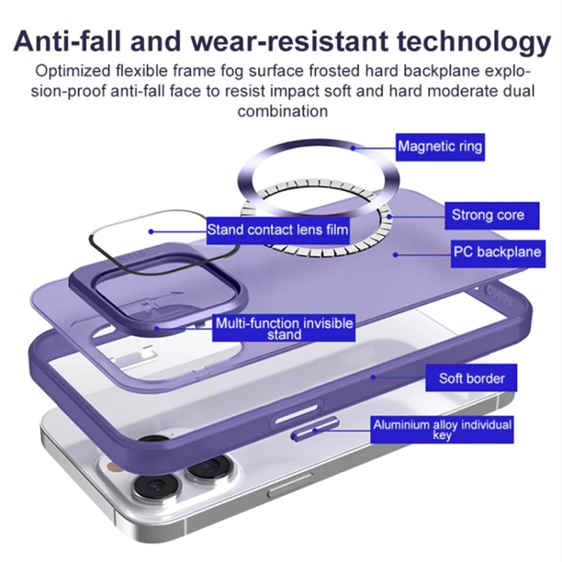 For iPhone 15 Matte PC+TPU Phone Case Compatible with MagSafe Lens Film Kickstand Shockproof Cover - Dark Purple