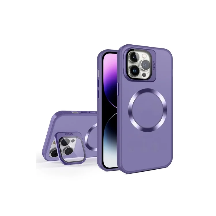Für iPhone 15 Pro Max PC+TPU Magnetisches Handyhülle kompatibel mit MagSafe Linsenfilm Kickstand Matter Abdeckung - Dunkelviolett