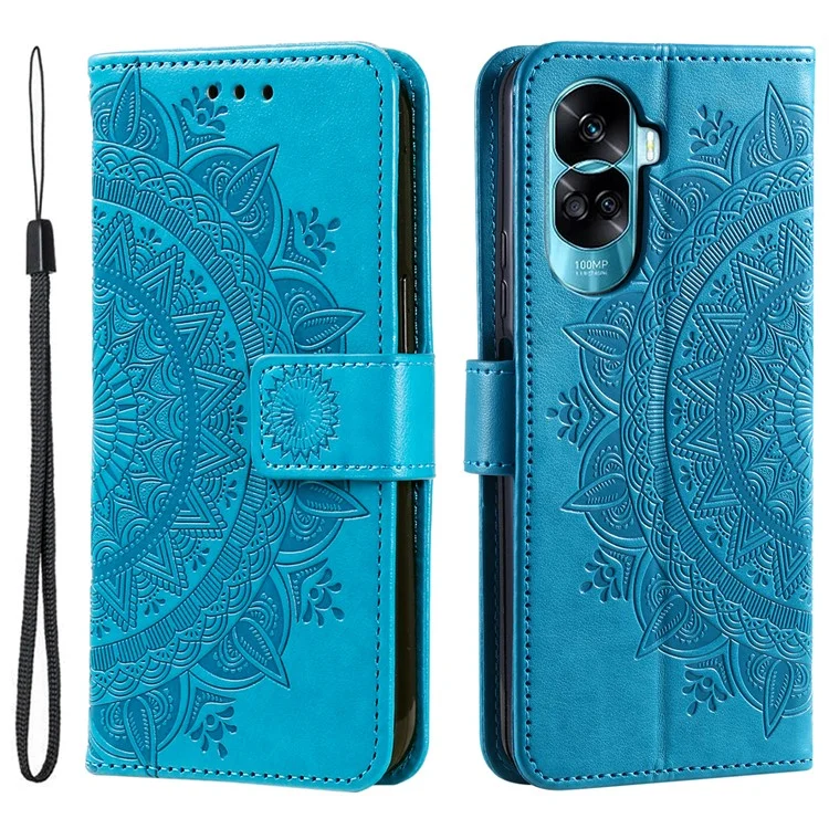 For Honor 90 Lite 5G / X50i 5G Funda de Piel de Cartera Teléfono Mandala Flower Imprint Stand Case con Correa - Azul