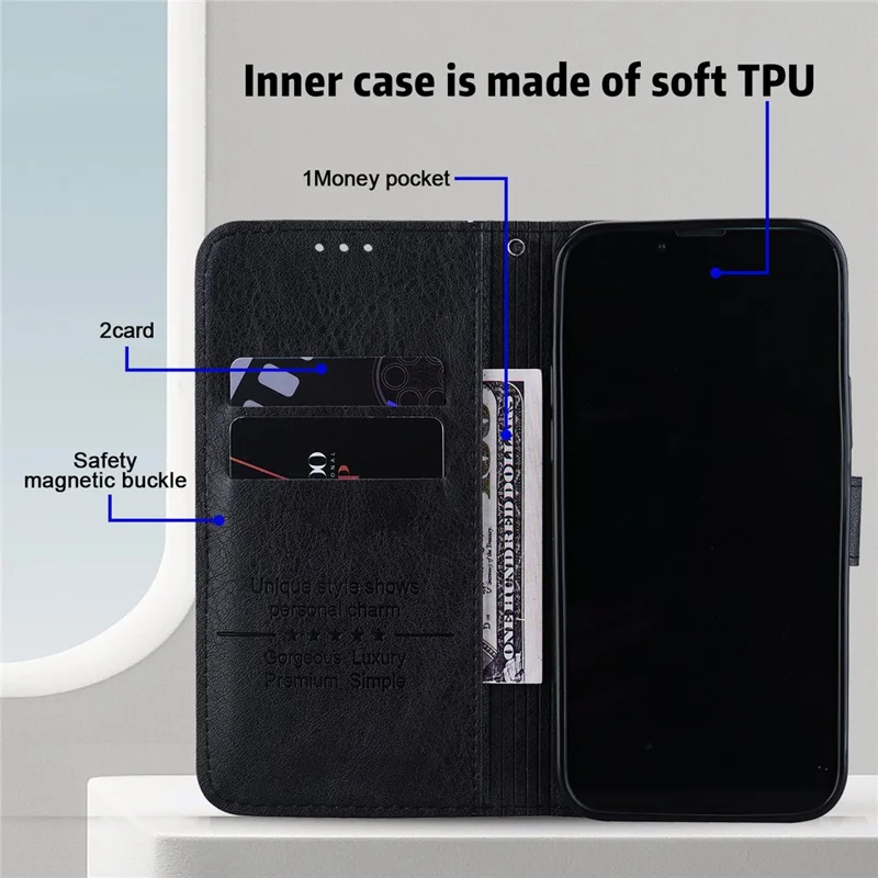 For iPhone 15 Solid Color PU Leather Wallet Case Drop Proof Cell Phone Stand Cover - Black