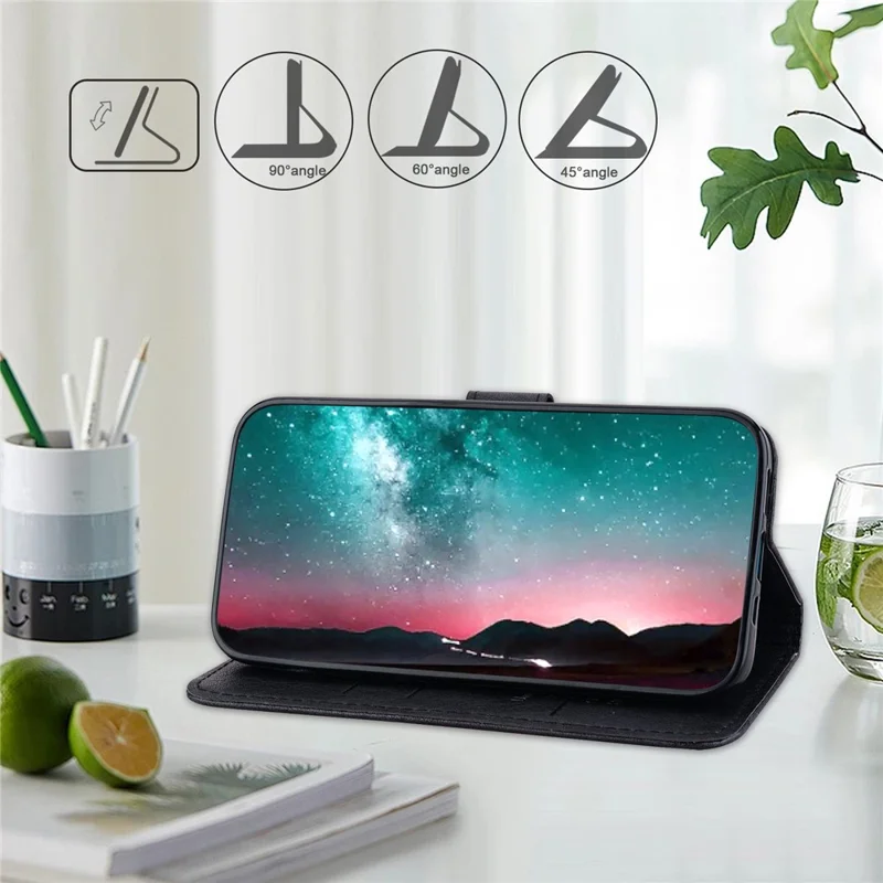 For iPhone 15 Solid Color PU Leather Wallet Case Drop Proof Cell Phone Stand Cover - Black