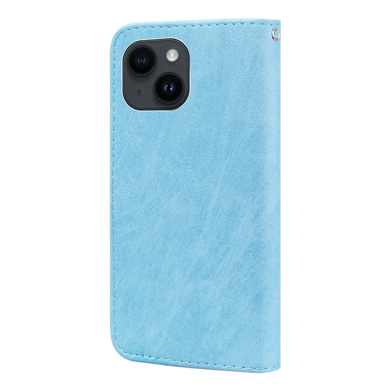 For iPhone 15 Solid Color PU Leather Wallet Case Drop Proof Cell Phone Stand Cover - Baby Blue