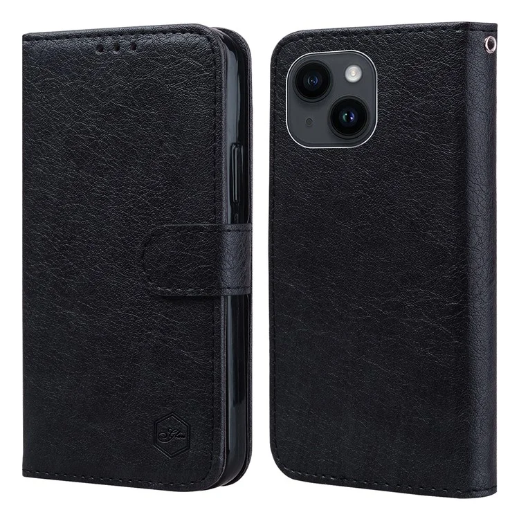 Para iPhone 15 Plus Solid Color PU Leather Wallet Case Drop Proof Cell Phone Foldable Stand Cover - Black