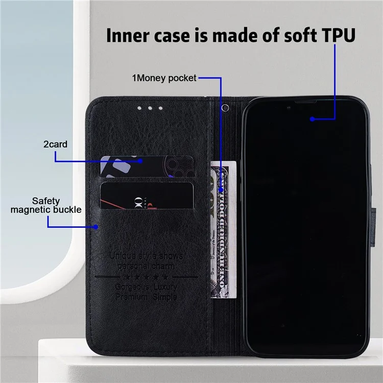 Para iPhone 15 Plus Solid Color PU Leather Wallet Case Drop Proof Cell Phone Foldable Stand Cover - Black