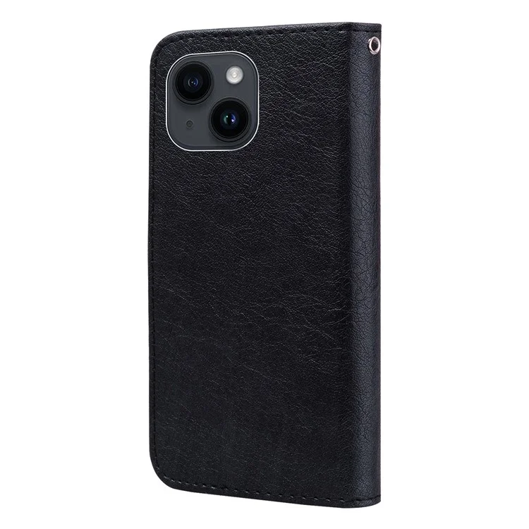 Para iPhone 15 Plus Solid Color PU Leather Wallet Case Drop Proof Cell Phone Foldable Stand Cover - Black