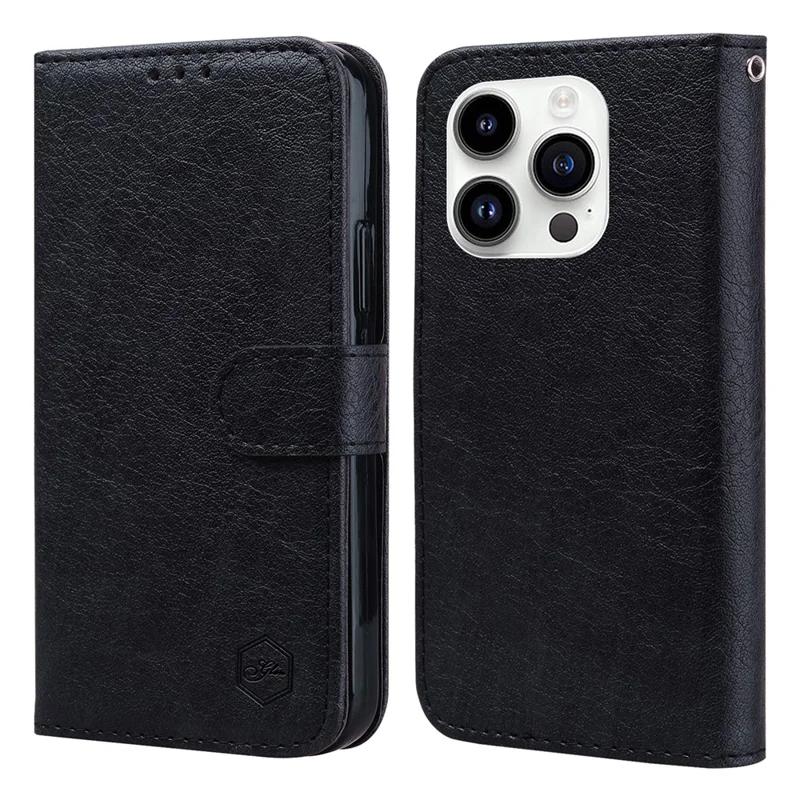 For iPhone 15 Pro Solid Color PU Leather Wallet Case Drop Proof Cell Phone Viewing Stand Cover - Black