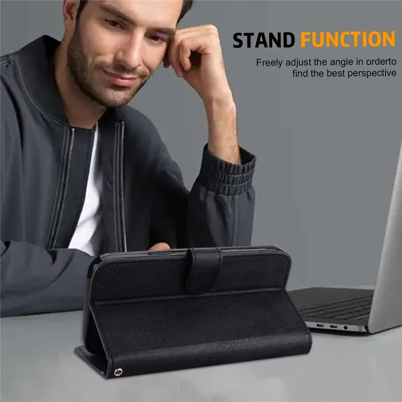 For iPhone 15 Pro Solid Color PU Leather Wallet Case Drop Proof Cell Phone Viewing Stand Cover - Black