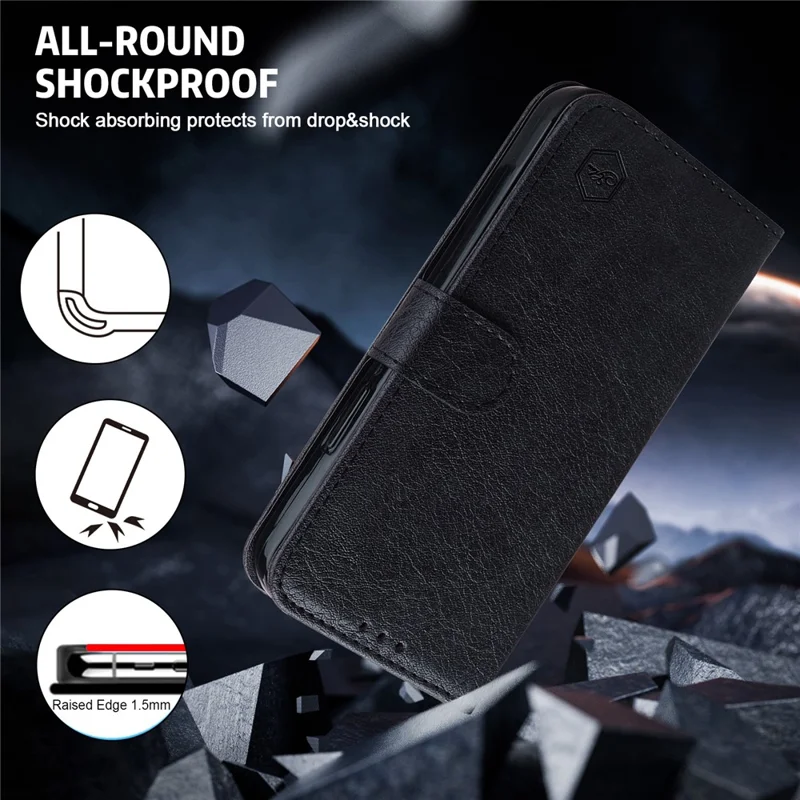 For iPhone 15 Pro Solid Color PU Leather Wallet Case Drop Proof Cell Phone Viewing Stand Cover - Black