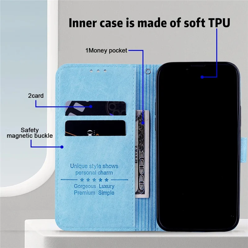 For iPhone 15 Pro Max Scratch Resistant Solid Color PU Leather Wallet Case Cell Phone Stand Cover - Baby Blue