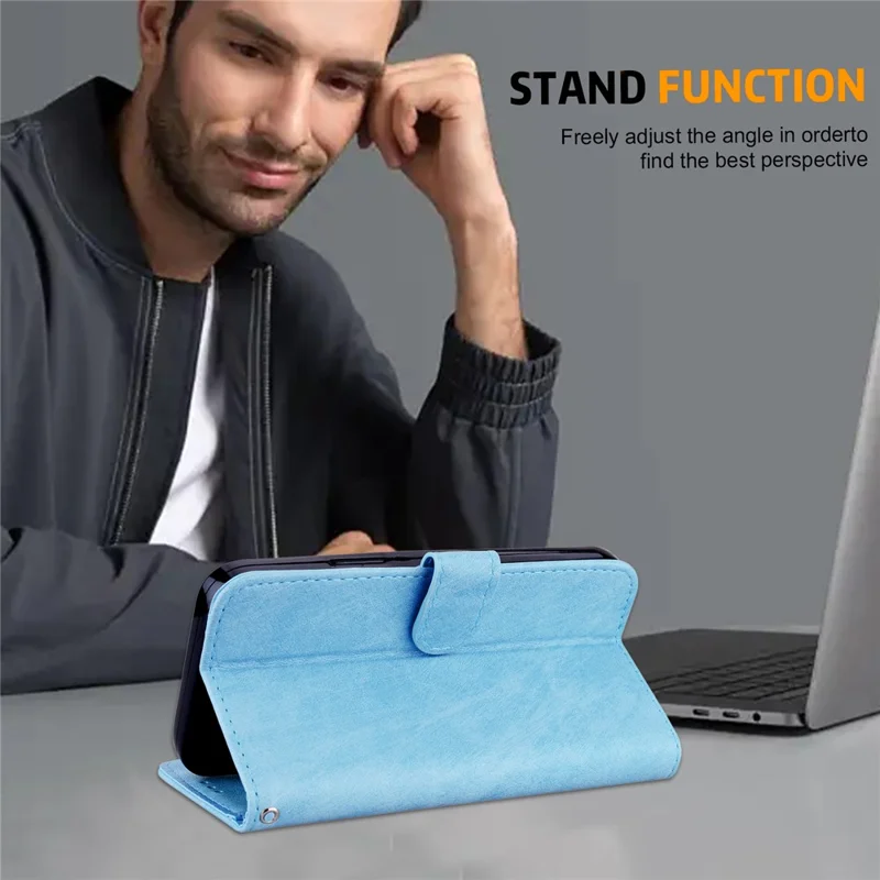 For iPhone 15 Pro Max Scratch Resistant Solid Color PU Leather Wallet Case Cell Phone Stand Cover - Baby Blue