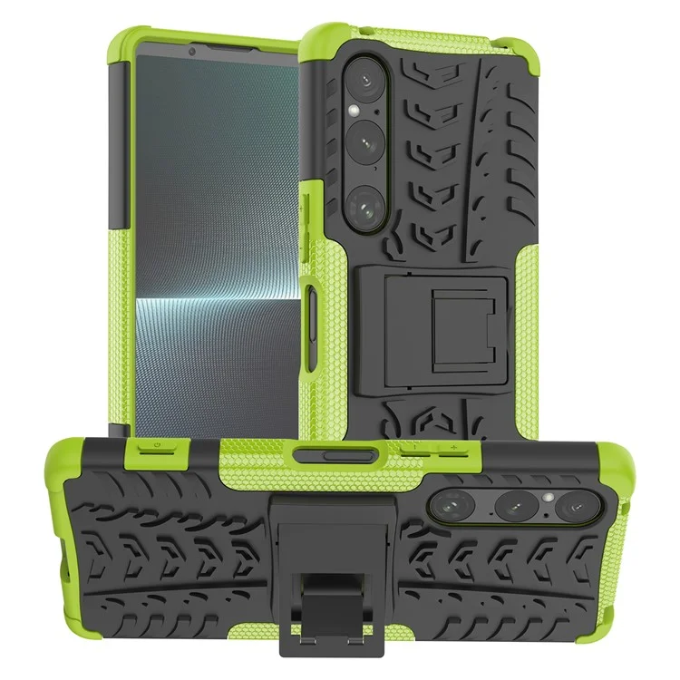 Pour Sony Xperia 1 V Tyre Pattern PC+TPU Phone Case Kickstand Shockproof Cell Phone Cover - Vert
