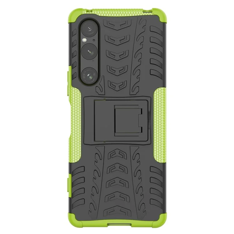 Pour Sony Xperia 1 V Tyre Pattern PC+TPU Phone Case Kickstand Shockproof Cell Phone Cover - Vert