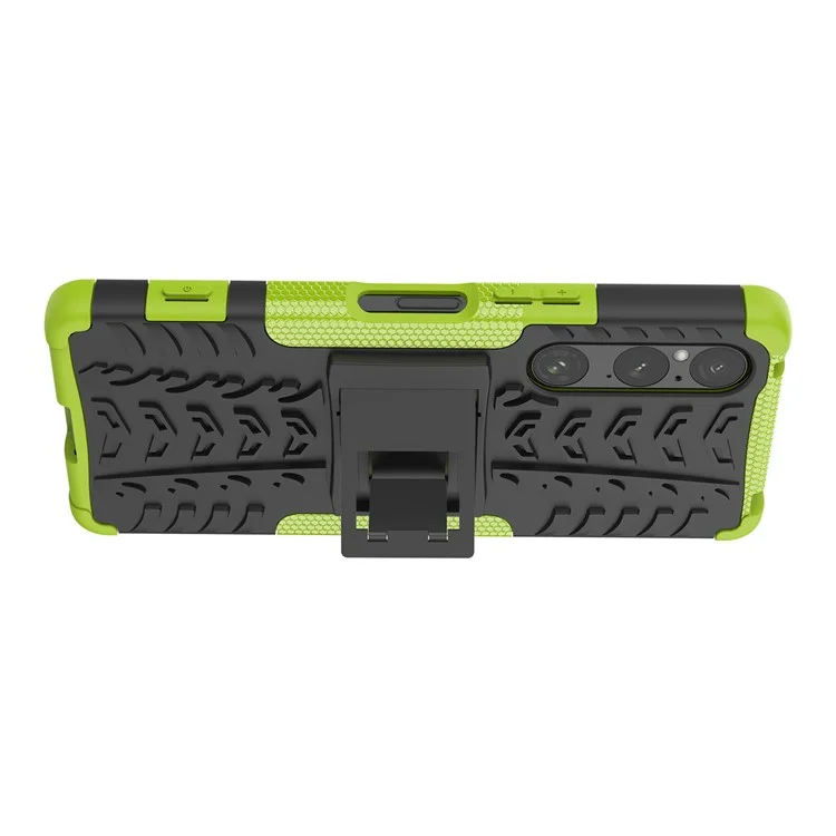 Pour Sony Xperia 1 V Tyre Pattern PC+TPU Phone Case Kickstand Shockproof Cell Phone Cover - Vert